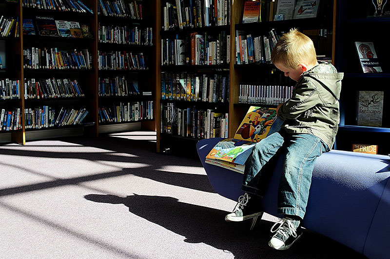 Enfant qui lit un album dans une bibliothque Intro